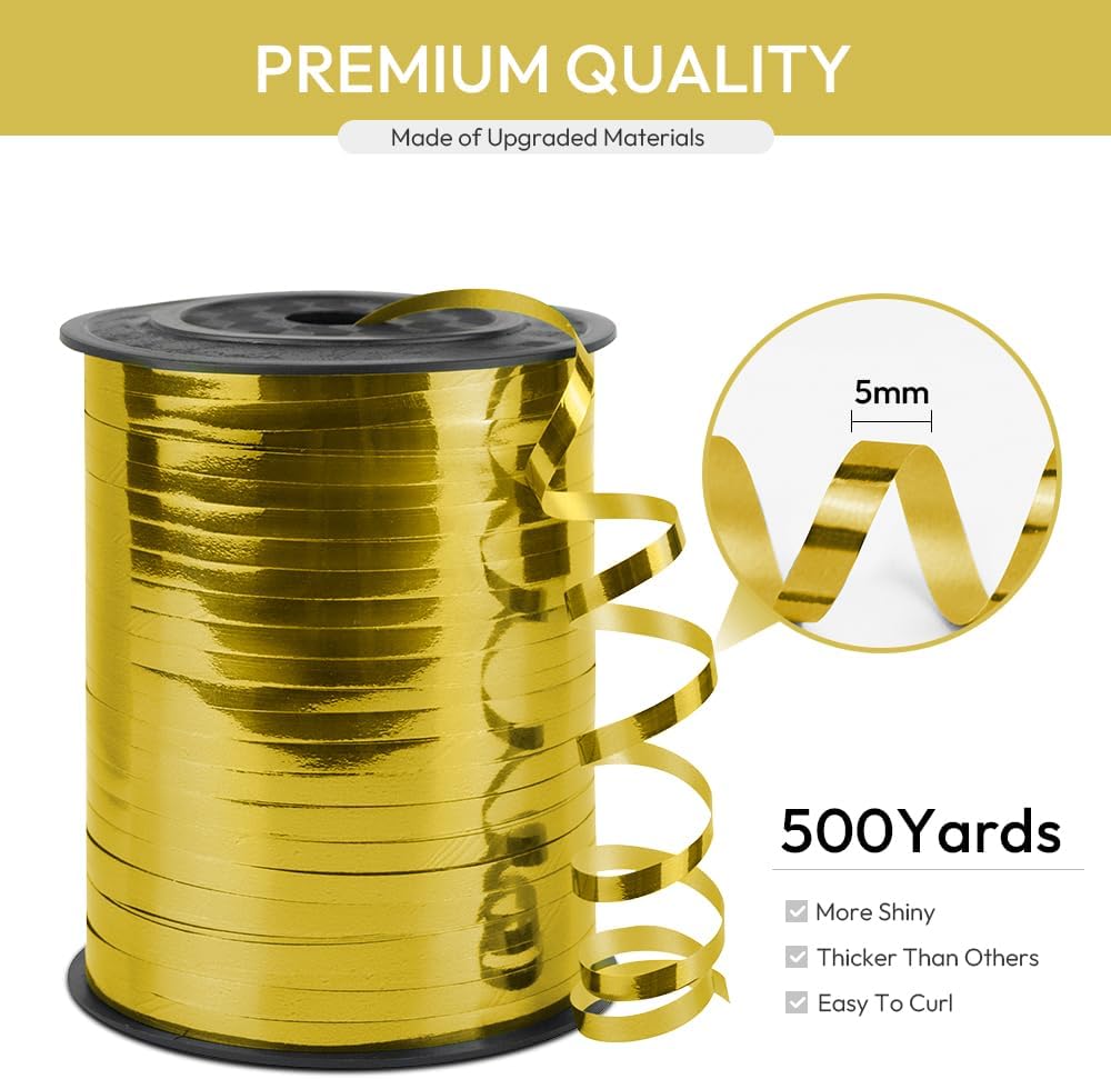 Gold Curling Ribbon, 1/5" Wide x 500 Yards Christmas Curling Ribbons for Gift Wrapping, Party Decoration, Balloon String, Hair, Ribbons for Florist Flower (1 Roll)