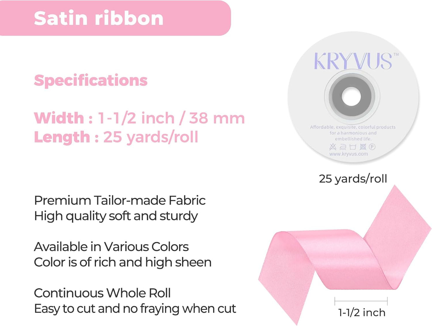 Rose Pink Satin Ribbon 1-1/2 inch X Continuous 25 Yards, Single Face Polyester Ribbon Perfect for Gift Wrapping, Flower Bouquet, Wedding Decor, Crafts, Bow Making, Sewing and More