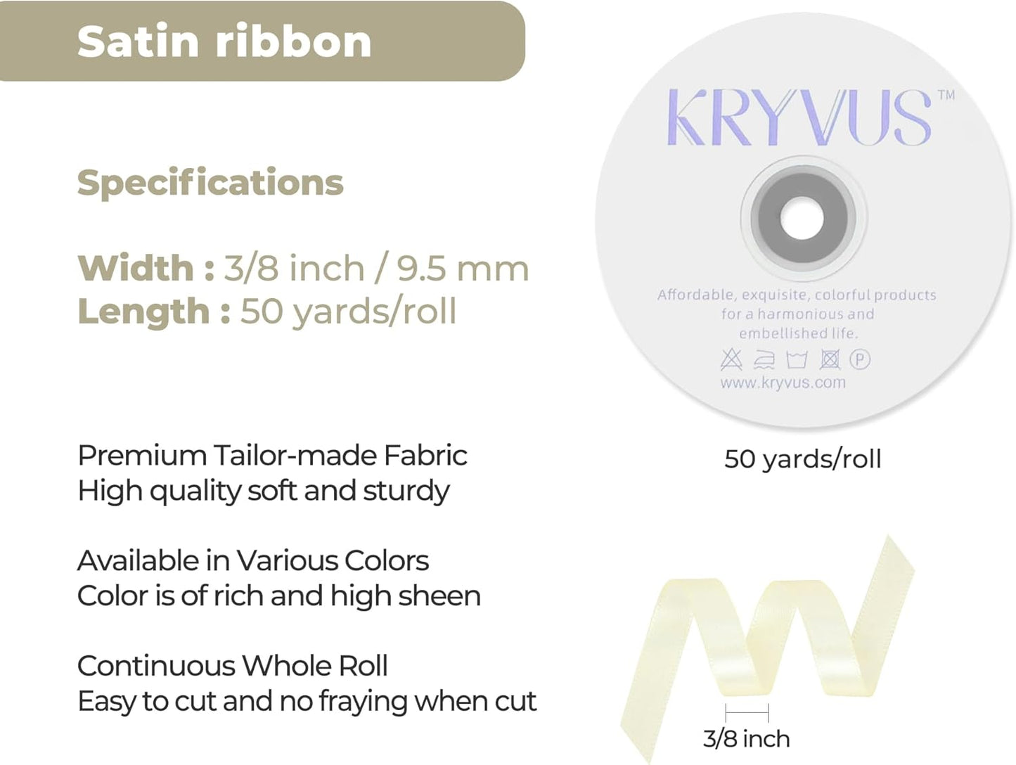 Beige Satin Ribbon 3/8 inch X Continuous 50 Yards, Single Face Polyester Ribbon Perfect for Gift Wrapping, Flower Bouquet, Wedding Decor, Crafts, Bow Making, Sewing and More