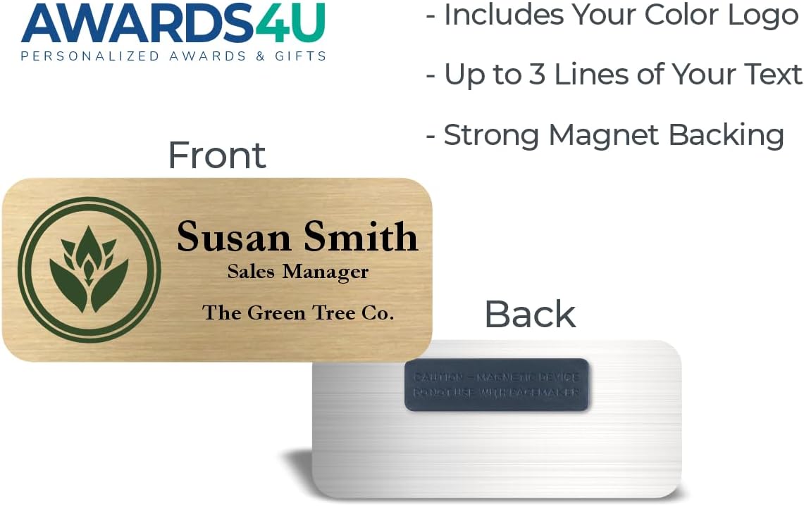 Custom Name Tag with Logo - Personalized Name Badge with Magnet Backing - Choose Your Size and Color (Gold Metal 3"x1.25" - Logo on Left)