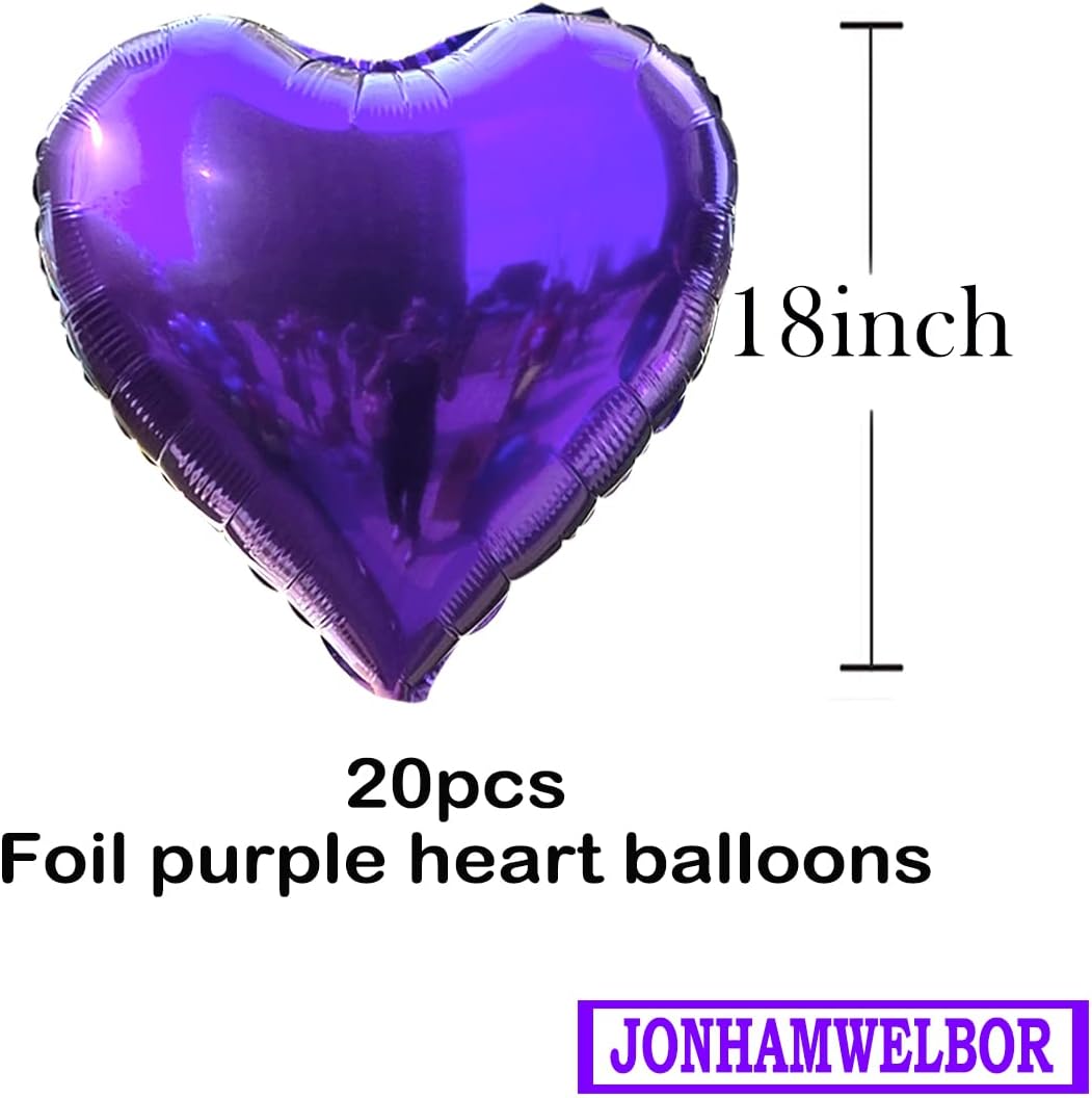 Jonhamwelbor 20Pcs 18 inch Purple Foil Mylar Heart Shape Balloons Decorations Valentines Birthday Wedding Baby Shower Party (Purple)
