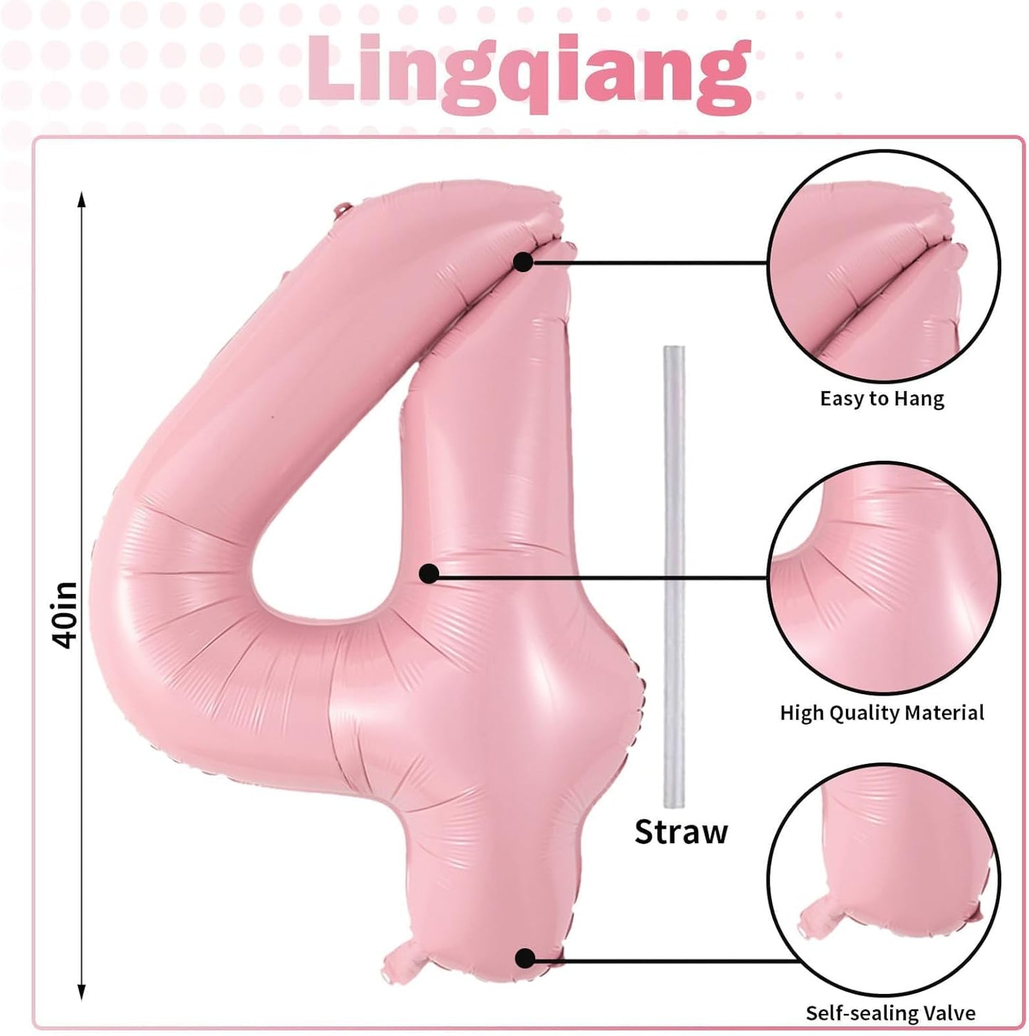 40 Inch Pastel Pink Foil Balloon Number 4, Large Self Inflating Light Pink Number Balloons 0-9 Pearl Pink Helium Number Balloons Set for Girls 4th Birthday Women Anniversary Party Decoration Supplies