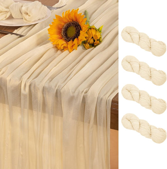 Beige Cheesecloth Table Runner 4 Pack Fall Table Runners 120 Inches Boho Gauze Cream Cheese Cloth Fall Table Decorations for Thanksgiving Wedding Bridal Baby Shower Garden Party Decor