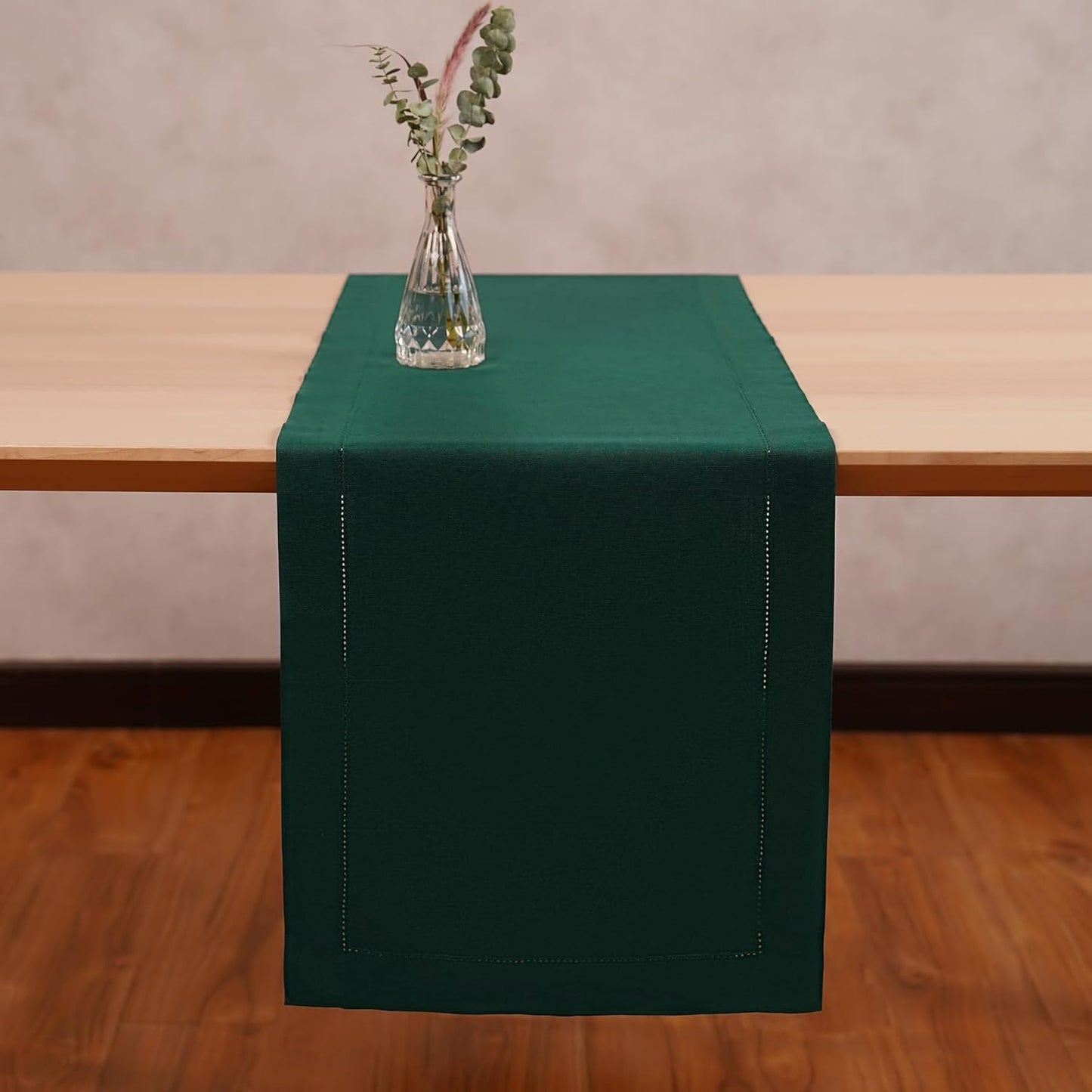 Cotton Linen Green Table Runner 14 x 36 Inches – Hemstitch Coffee Table Runner 14 x 36 Inch – Washable Fabric Scarf Ideal for Thanksgiving, Christmas, Winter Decoration – Serena