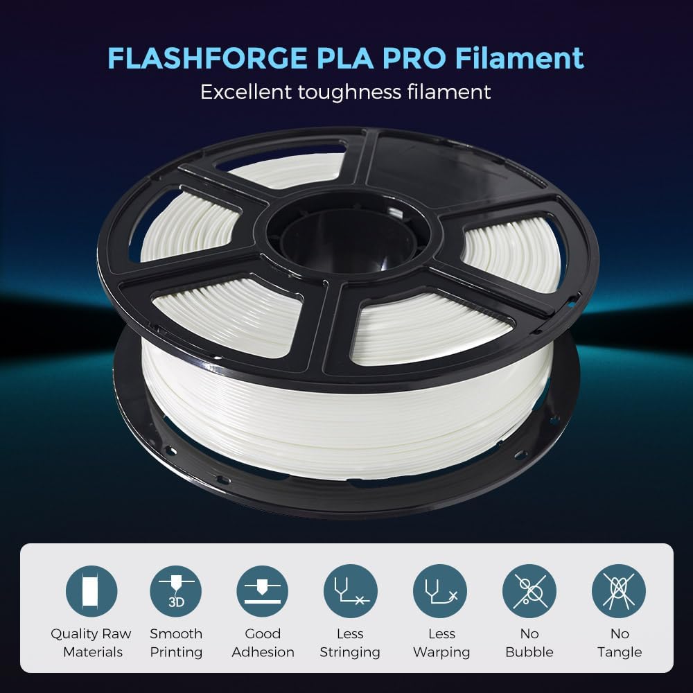 FLASHFORGE 3D Printer Filament, PLA PRO Filament 1.75mm, 1KG Spool (2.2lbs), Dimensional Accuracy +/- 0.02mm for FDM 3D Printers, Better Tenacity & No Knotting (White)