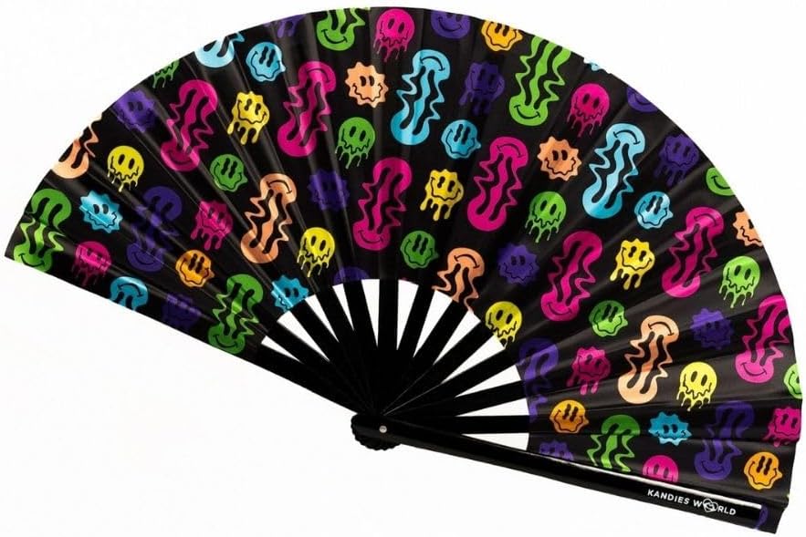 Kandies World UV Reactive Custom Festival Folding Hand Fan - Unique Designs, Made of Bamboo, Clacking Sound, Lightweight - Perfect Rave and Festival Accessory!