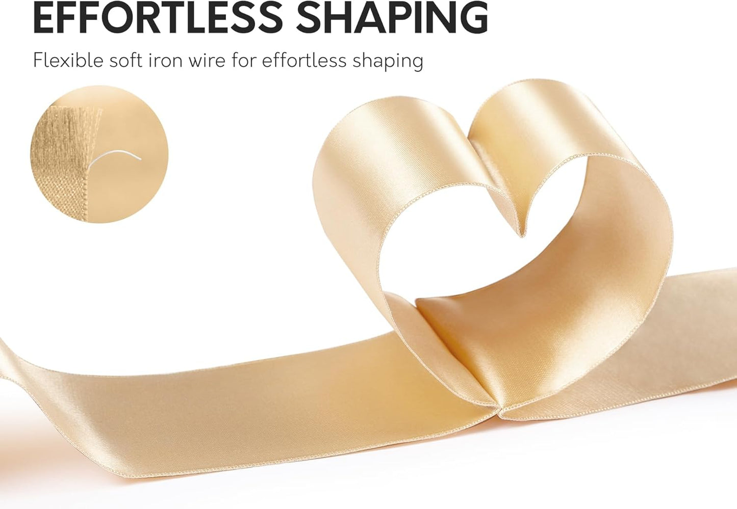 Champagne Gold Satin Ribbon Double-Faced Wired Ribbons for Gift Wrapping Flower Bouquet Bows Wedding Invitation Christmas Decor Crafts 2-1/2 Inch 10 Yards