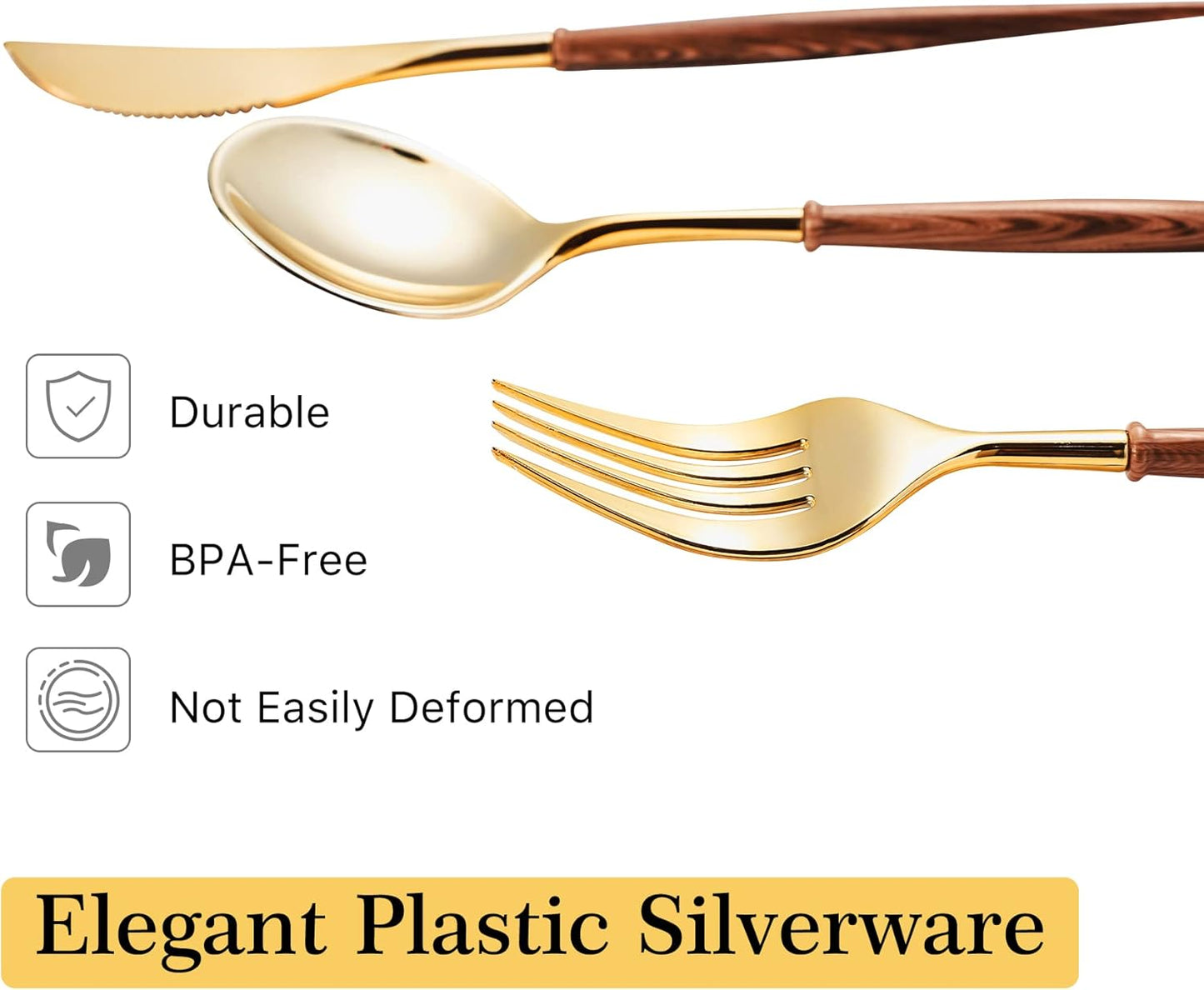 Lullaby 120PCS Gold Plastic Silverware, Gold Disposable Cutlery with Wood Grain Handle Include 40 Forks, 40 Spoons, 40 Knives, Elegant Disposable Silverware for Wedding, Party, Gathering, Daily Use
