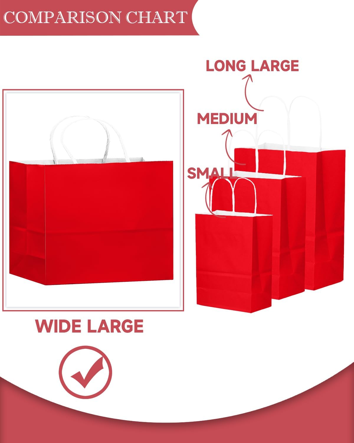 qiqee 50-Packs Red Paper Gift Bags with Handles Bulk 12.6"x4.3"x10" Wide Large Size Party Favor Bags Multiple Uses