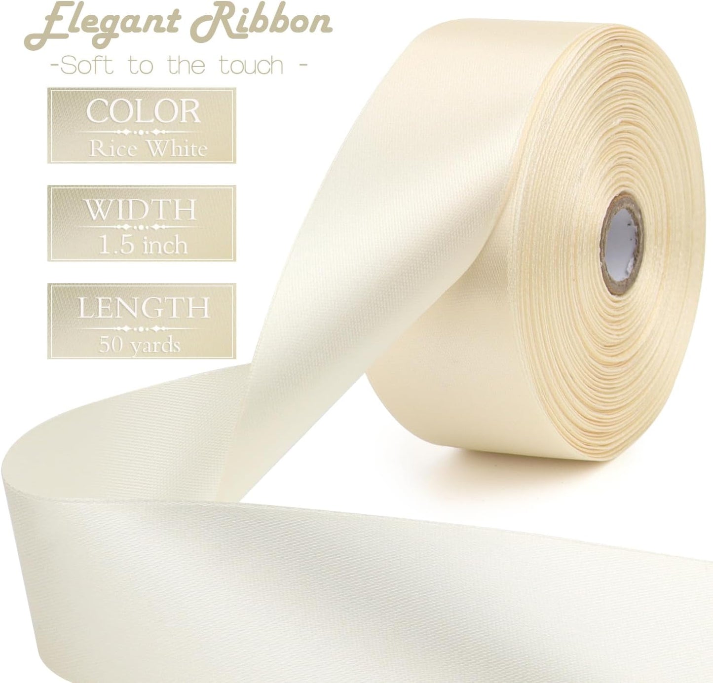 Rice White Solid Satin Ribbon 1-1/2 Inch 50 Yards Solid Polyester Fabric Ribbon for Gift Wrapping Wedding Christmas Baby Shower Birthday Party Decoration Handmade Immortal Flower Craft