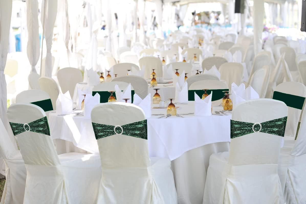 Chair Sashes Sequin Stretch Chair Bands Dark Green Spandex Polyester Bows for Party Hotel Wedding Banquets Decoration - 6 Pcs Hunter Emerald Green