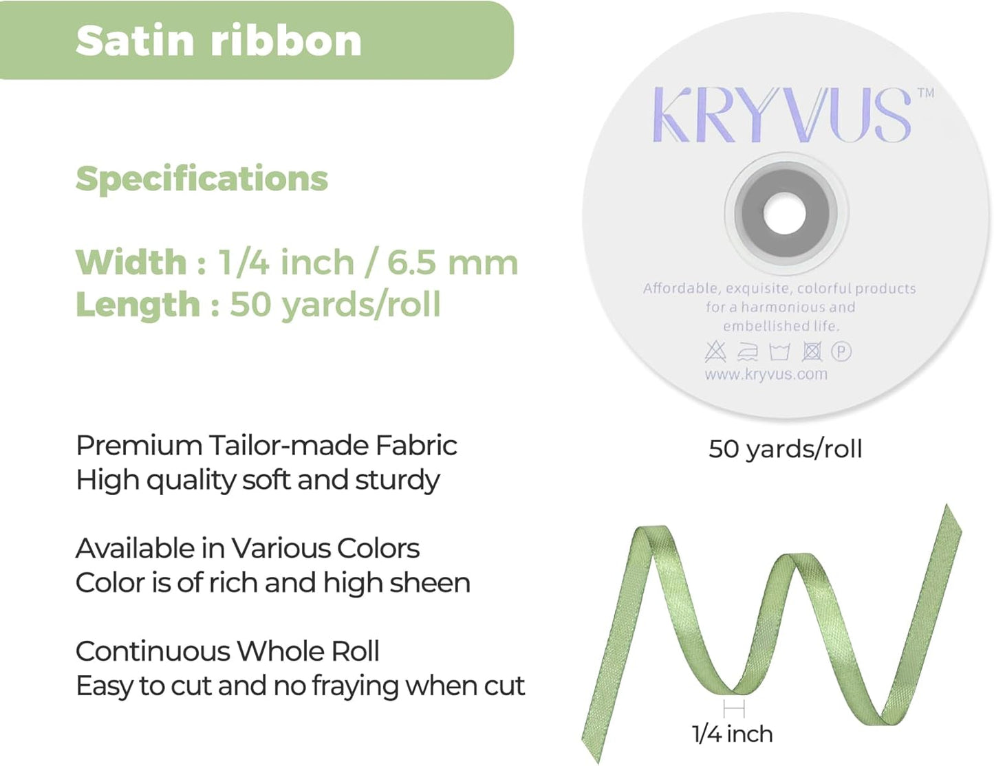 Sage Green Satin Ribbon 1/4 inch X Continuous 50 Yards, Single Face Polyester Ribbon Perfect for Gift Wrapping, Flower Bouquet, Wedding Decor, Crafts, Bow Making, Sewing and More