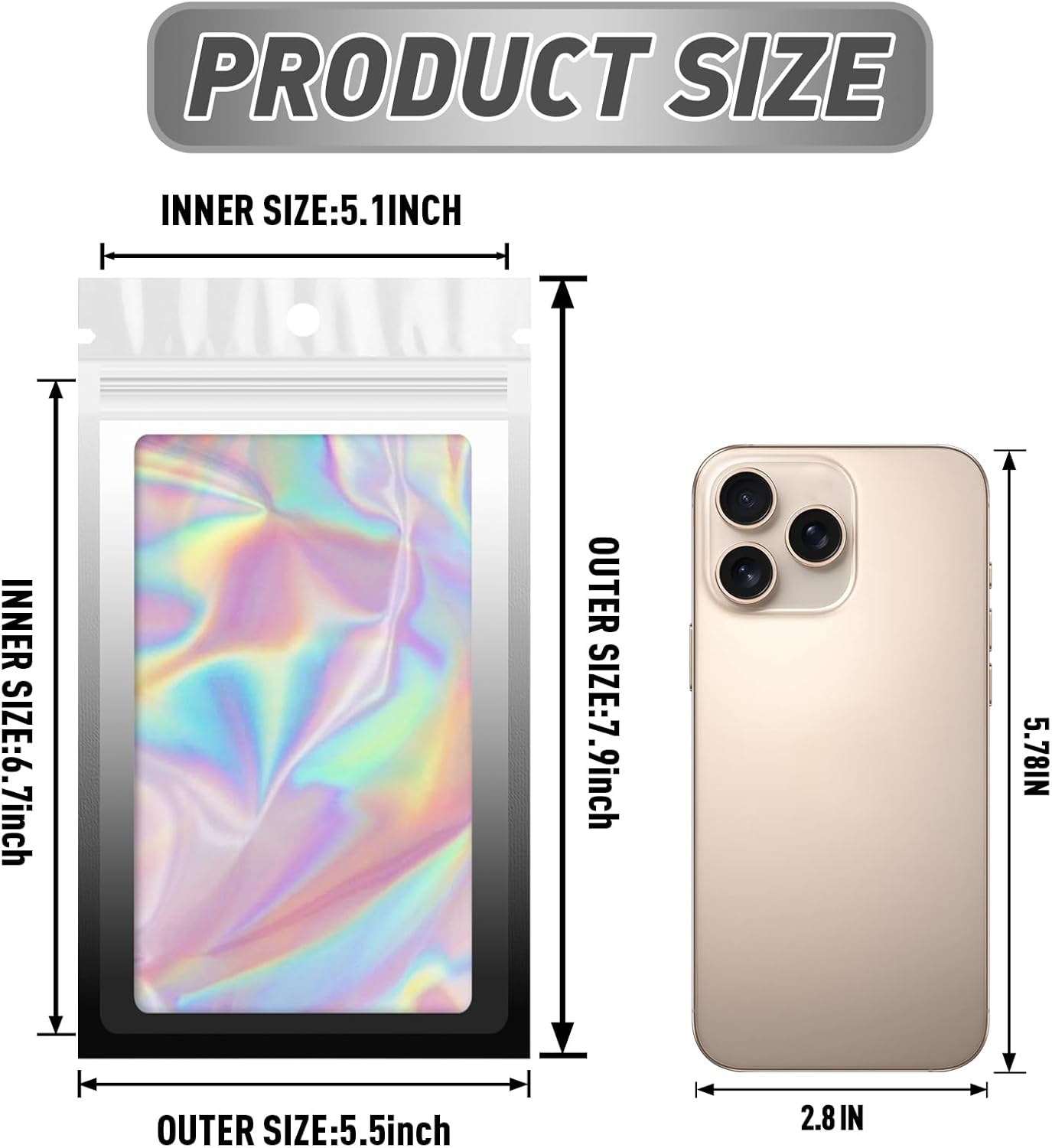 Funfery 100 Pack Gradient Holographic Bags,Resealable Bags with Zipper,Clear Window Packaging Pouchs,Foil Bag for Food Storage,Small Business,Sample Jewelry Bag(5.5×7.9In,White Black)