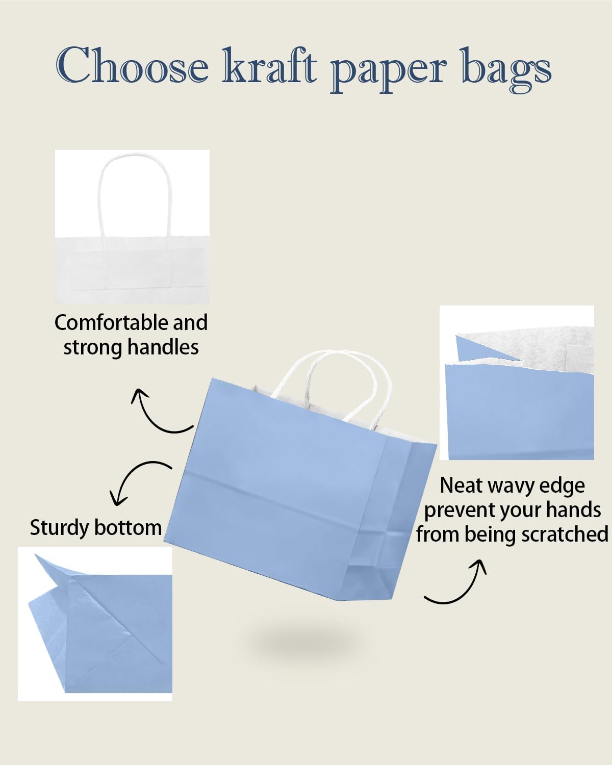 qiqee 50-Packs Light Blue Paper Gift Bags with Handles Bulk 12.6"x4.3"x10" Wide Large Size Party Favor Bags Multiple Uses