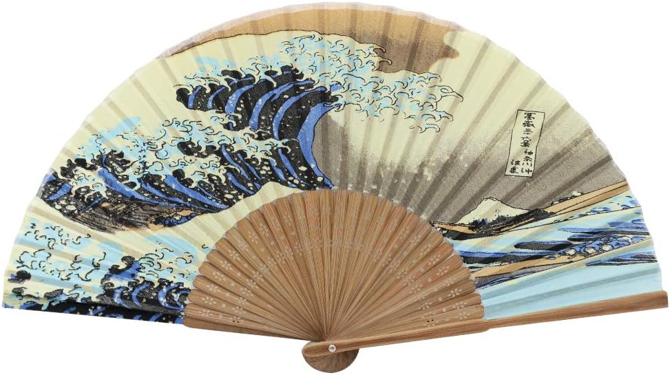 Terra Distribution Folding Fan [Japan Import] Hand Fans for Women Foldable, Japanese Fan, Unique Design, Handmade Bamboo, Silk Fan, 8.6" (22cm), Abanicos de Mano (904 (Wave))
