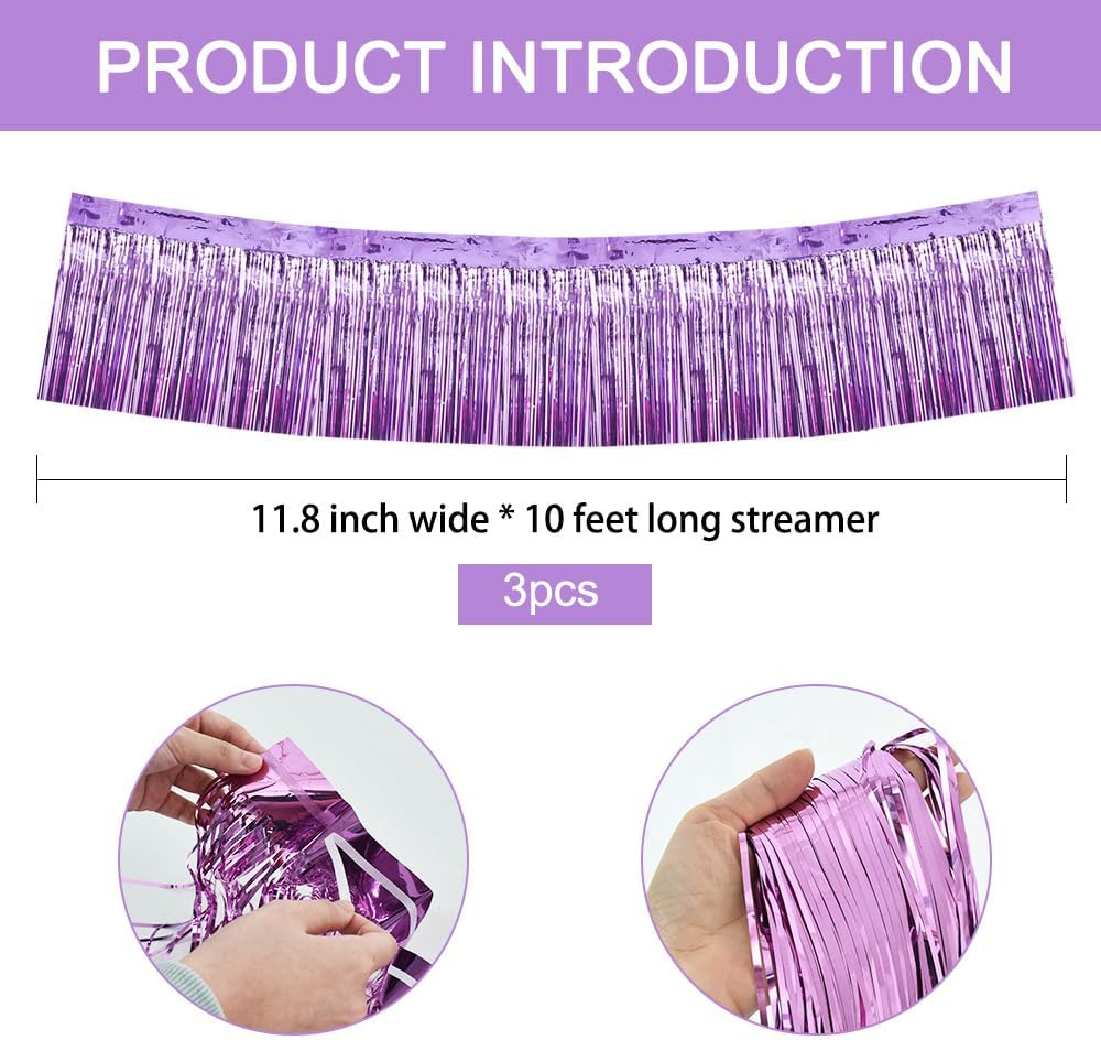 BEISHIDA 3 Packs Metallic Foil Fringe Garland Light Purple Wall Hanging Tinsel Fringe Banners for Car Floats Bridal Shower Wedding Birthday Easter Graduation Holiday Party Decoration(30 Feet)