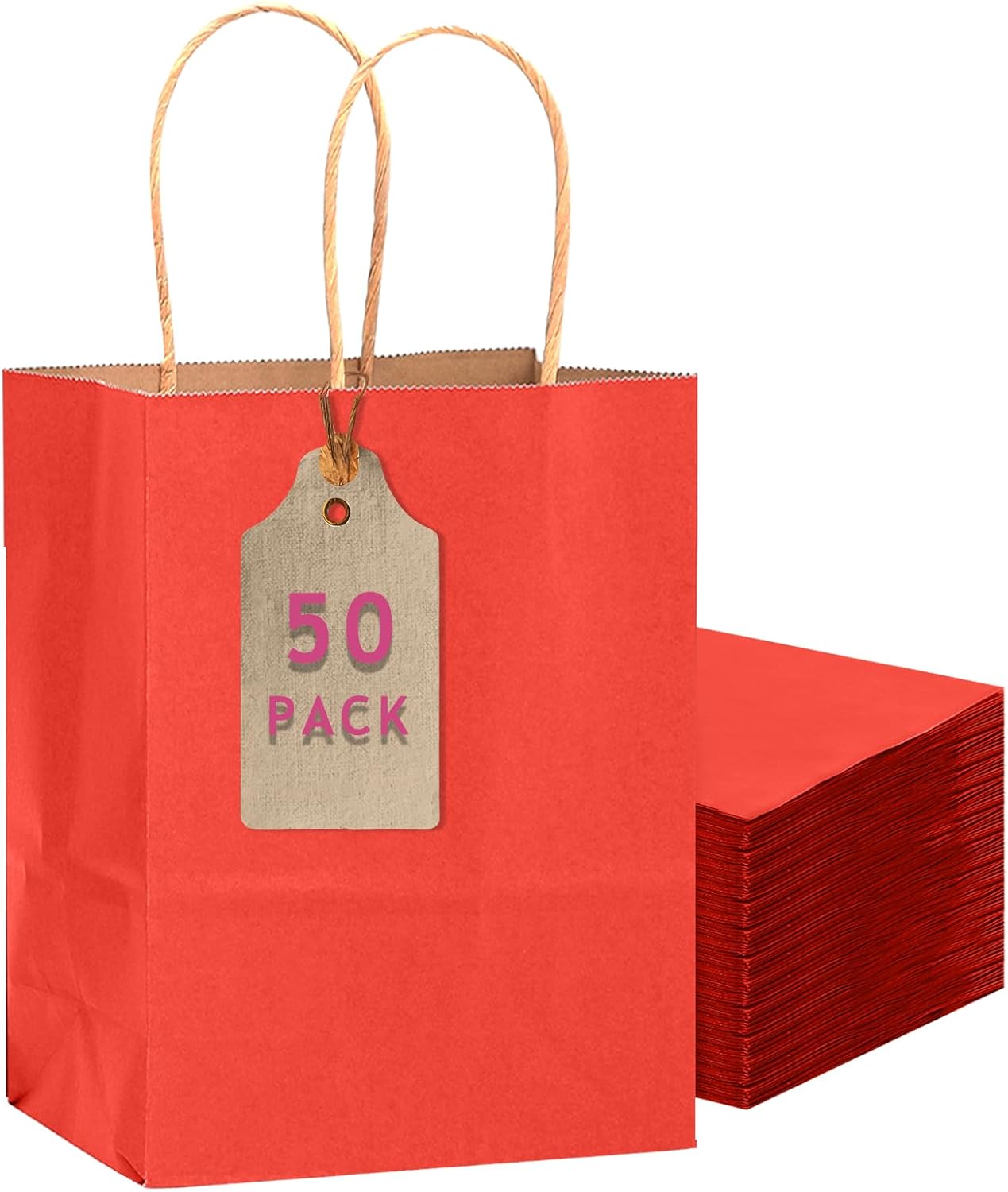qiqee 50-Packs Kraft Red Paper Gift Bags with Handles Bulk 11"x8.3"x4.3" Medium Size Paper Bags Multiple Uses