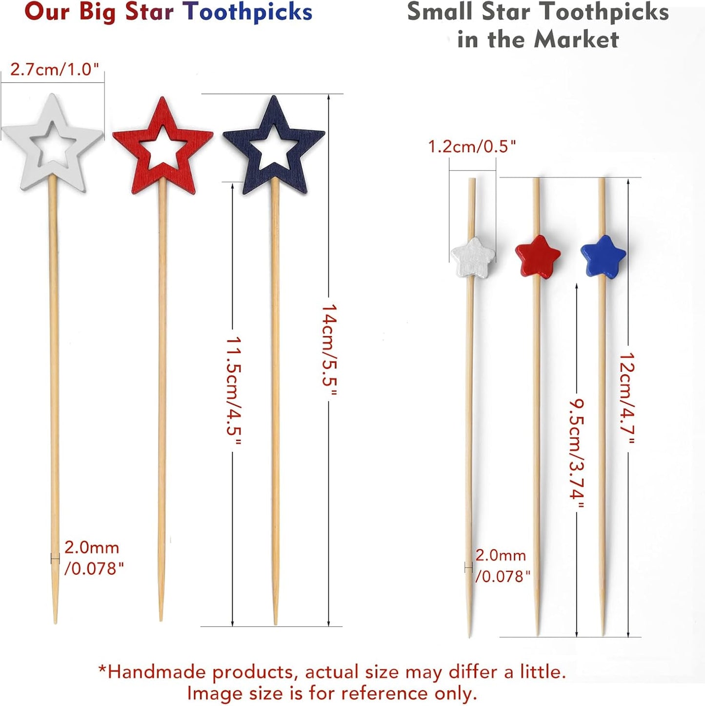 Minisland Big Red Star Cocktail Picks, 5.5 Inch Long Bamboo Fancy Toothpicks for Appetizers, Decorative Christmas New Year Holiday Party Food Drinks Garnish Fruit Skewer Sticks 50 Counts - MSL432