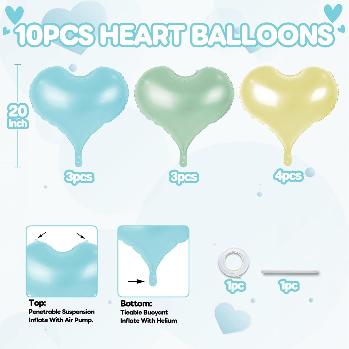 20 Inch Blue Yellow Green Heart Balloons, 10 Pcs Light Blue Yellow Sage Green Heart Shaped Foil Balloons, Helium Balloon for Valentine Bridal Shower Wedding Birthday Supplies