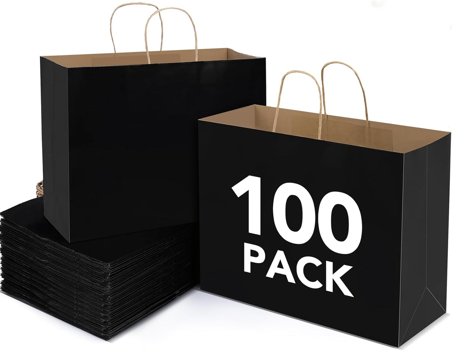 BURVAGY 16x6x12 Inch 100 Pcs Kraft Paper Bags with Handles Bulk, Kraft Shopping Black Large Recycled Gift Paper Bags with Handles for Small Business, Retail,Boutique,Grocery