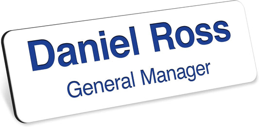 Name Tag, Magnetic White and Blue Name Tags, Personalized Name Tags, 1x3 Inches, Durable Engravable Impact Material, Made in The USA by My Sign Center