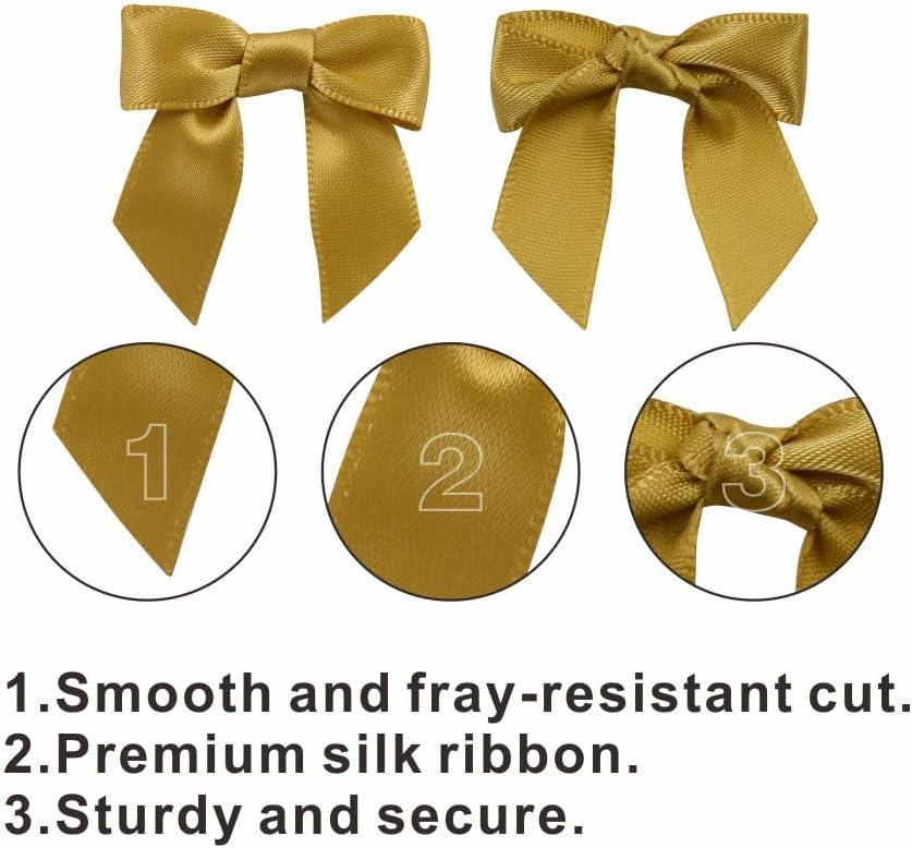 2.5" Hgzgch Gold Satin Ribbon Bow for Gift Wrapping, Premade Bows for Crafts, Cake, Party Favors, Handmade Bows with Double-Sided Tape, Self Adhesive Gift Bows for Presents, Treats, Christmas - 50pcs