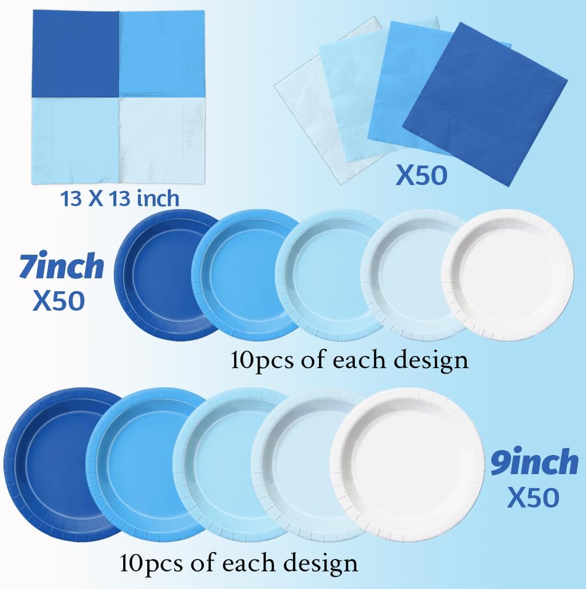 CMUSKO 150Pcs Blue Plates and Napkins-Light Blue Party Supplies Gradient Blue Disposable Tableware Serves 50 for Birthday,Baby Shower,Wedding