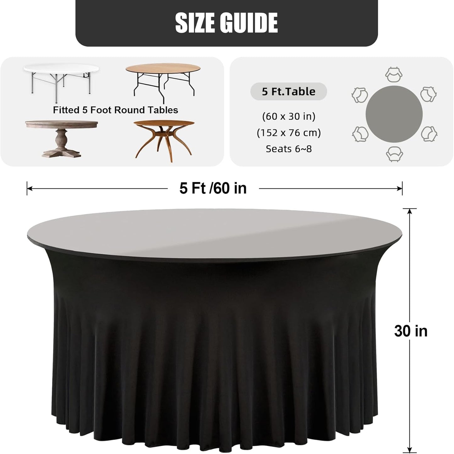 8 Pack Black Round Spandex Tablecloth 60 Inch, Wrinkle Free Stretch 120 Inch Fitted 5ft Black Table Cloths Round Table Covers with Ruffle Skirt for Graduation Wedding Party Banquet