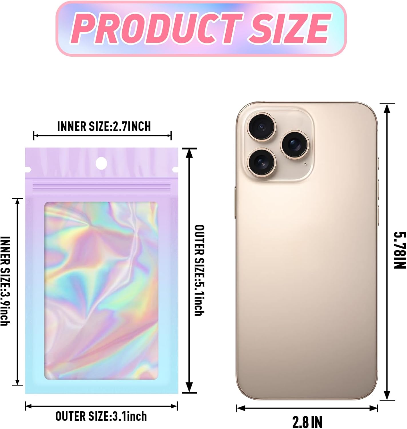 Funfery 100 Pack Mylar Holographic Bags,Clear Window Smell Proof Foil Bag Seal Pouch Resealable Bags with Zipper,Packaging Bag for Food Storage,Jewelry,Business Supplie(3.1×5.1in,Purple Blue)