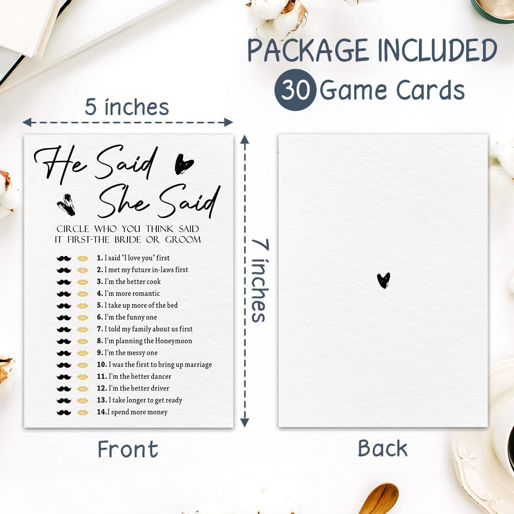 30 Minimalism Game Cards - He Said? She Said - Bridal Shower, Engagement, Mr & Mrs, Newlyweds, Wedding Games, Party Activities & Supplies - B08 White