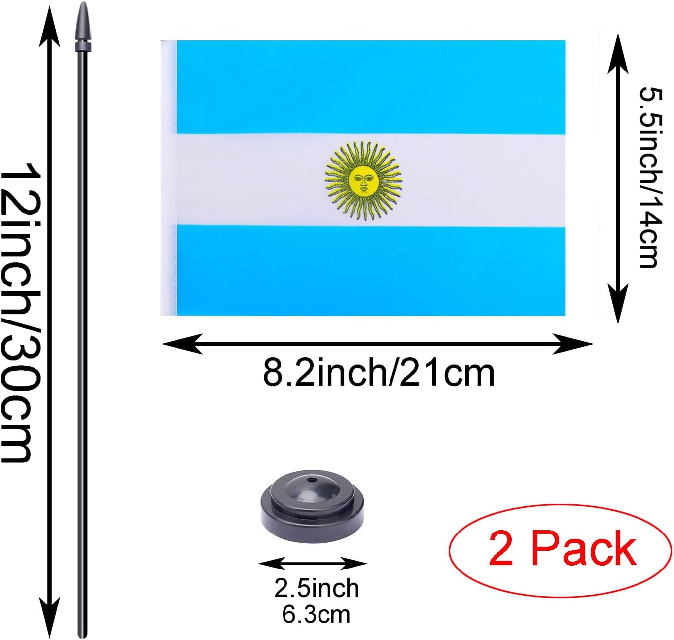 WXTWK 2 Pack Argentina Flag Argentina Deluxe Desk Flag Set - Mini Small Argentinian Table Office Flags with Black 12" Solid Pole Stand Base Classroom Meeting Desktop Decorations