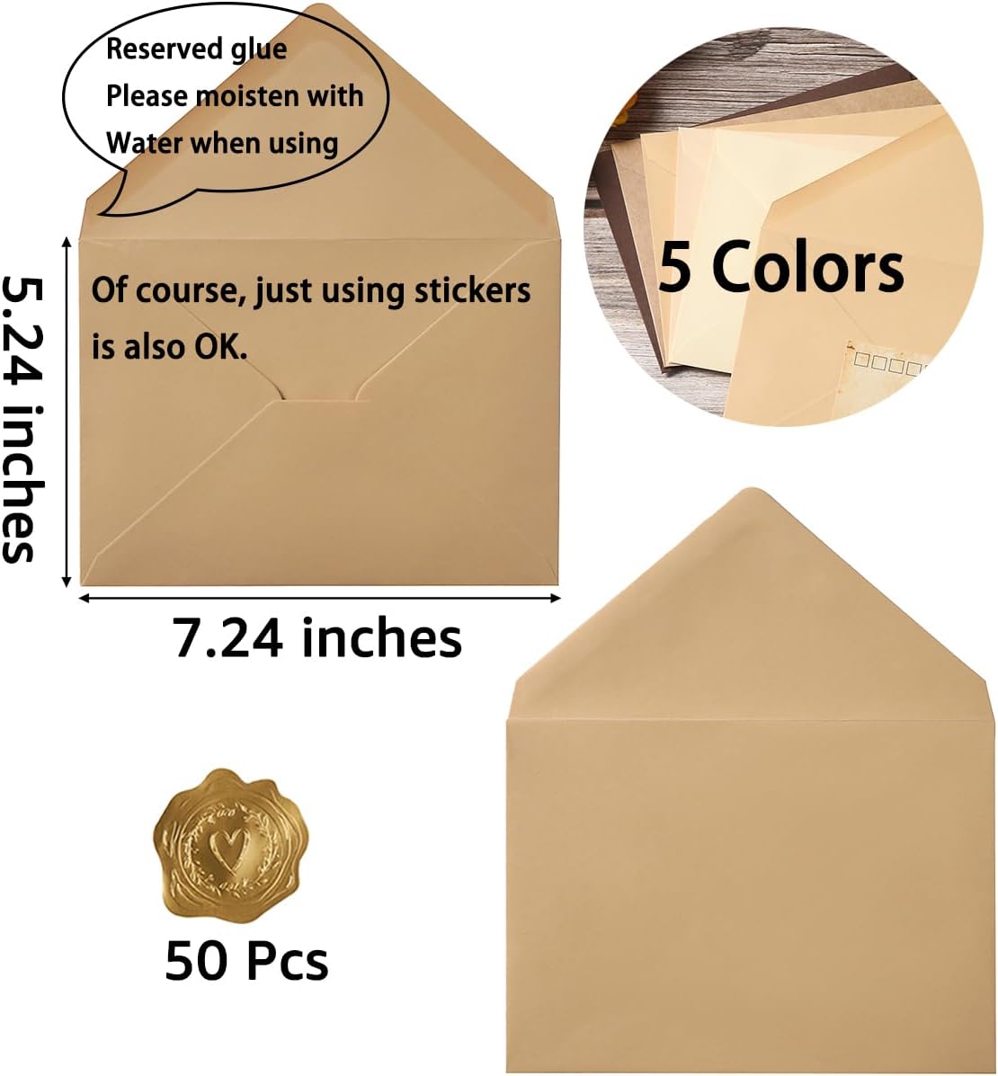 50 Pack Colored A7 Invitation Envelopes 5x7 with Gold Stickers for Cards and Invitations, 5 Colors (Brown, 5 1/4 x 7 1/4 inches)