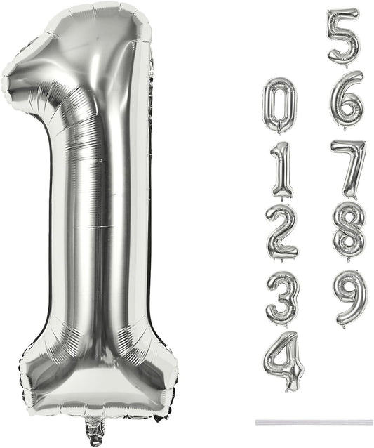 Silver 1 Balloon Number, 40 Inch Giant Helium Foil Number 0-9 for Boys Girls, Self Inflating 1st Birthday Balloon for Women Men 10th Anniversary Baby Shower New Year Wedding Party Decorations Supplies