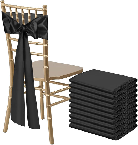 10 PCS Black Satin Chair Sashes Bows Universal Chair Ribbon Ties Back Sash for Wedding Party Reception Events Banquets Hotel Event Chair Cover Decoration (Champagne 7x108 inch)