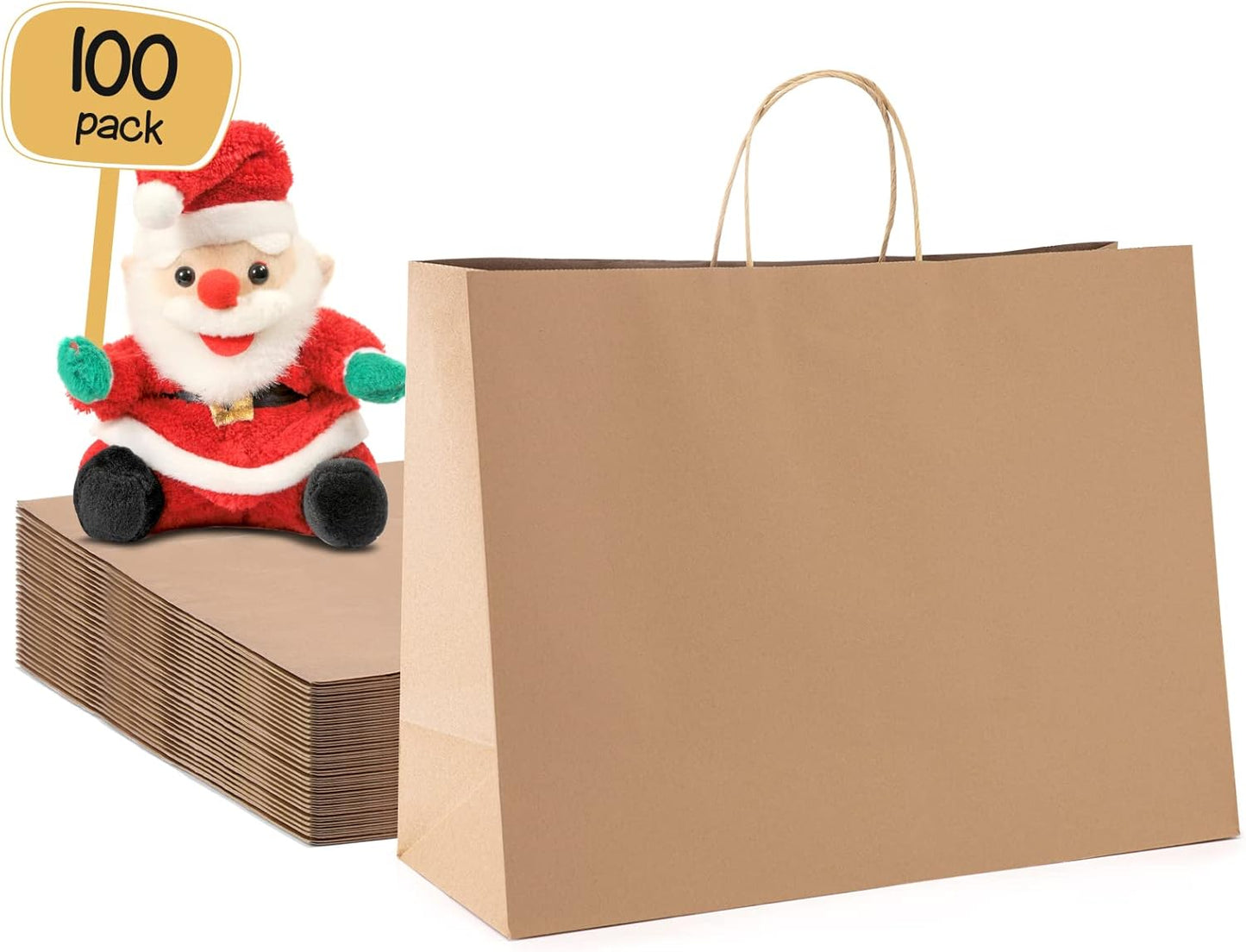 METRONIC Large Paper Bags With Handles 16x6x12 100pc, Shopping Gift Bags Bulk for Small Business, Groceries, Merchandise (Brown)