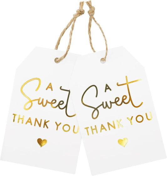 A Sweet Thank You Tags, joycraft 50Pcs Gold Thank You Gift Tags with String, 3x2 in White Kraft Paper Gift Tags, Sweet Thank You Tags for Wedding, Baby Shower, Birthday, Anniversary, Gift Wrap
