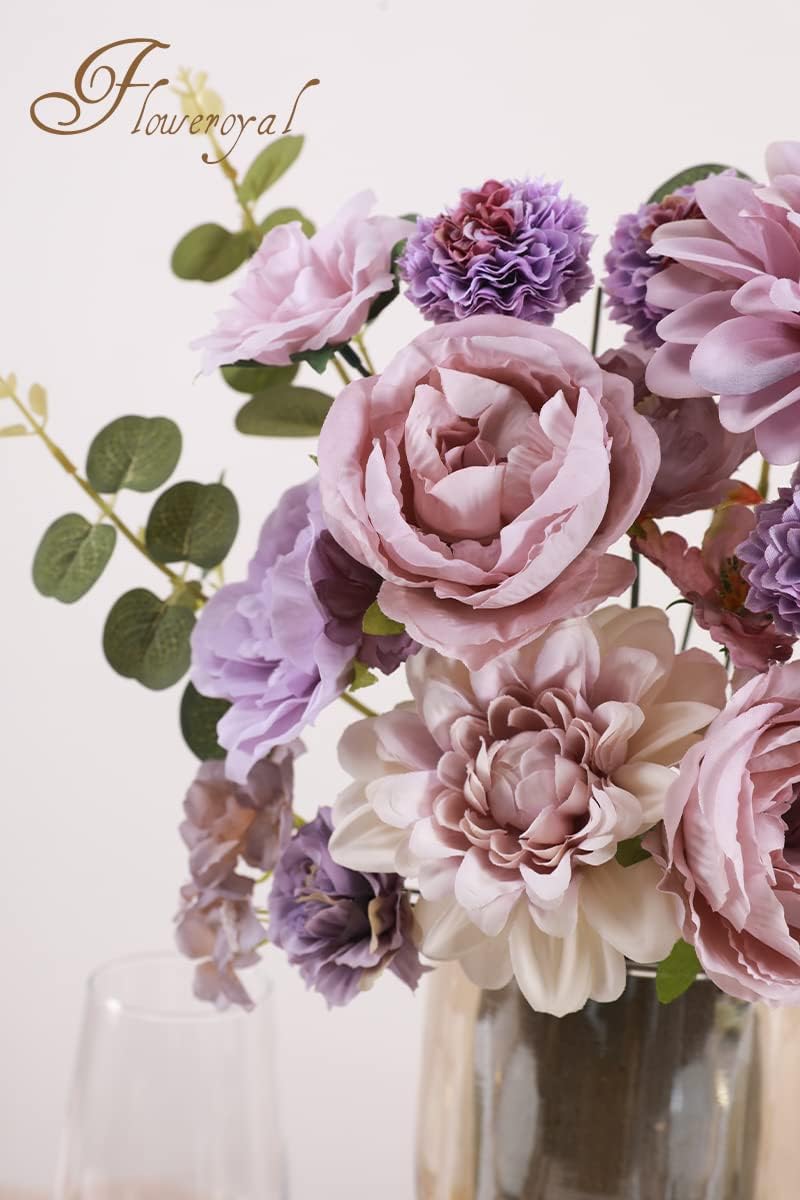 Floweroyal Artificial Flowers Combo Purple Flowers Mix Silk Flowers Dahlia Roses with Stems for DIY Wedding Bridal Bouquets, Baby Shower, Floral Arrangement, Table Centerpieces, Home Decorations.
