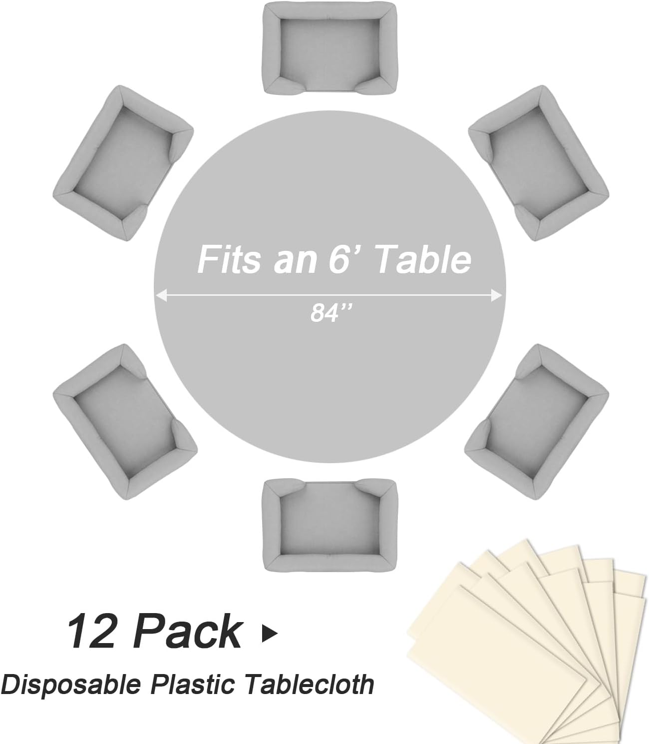 QIKSION Ivory Round Tablecloth 12 Pack, 84 Inch Plastic Table Cover Disposable for Parties