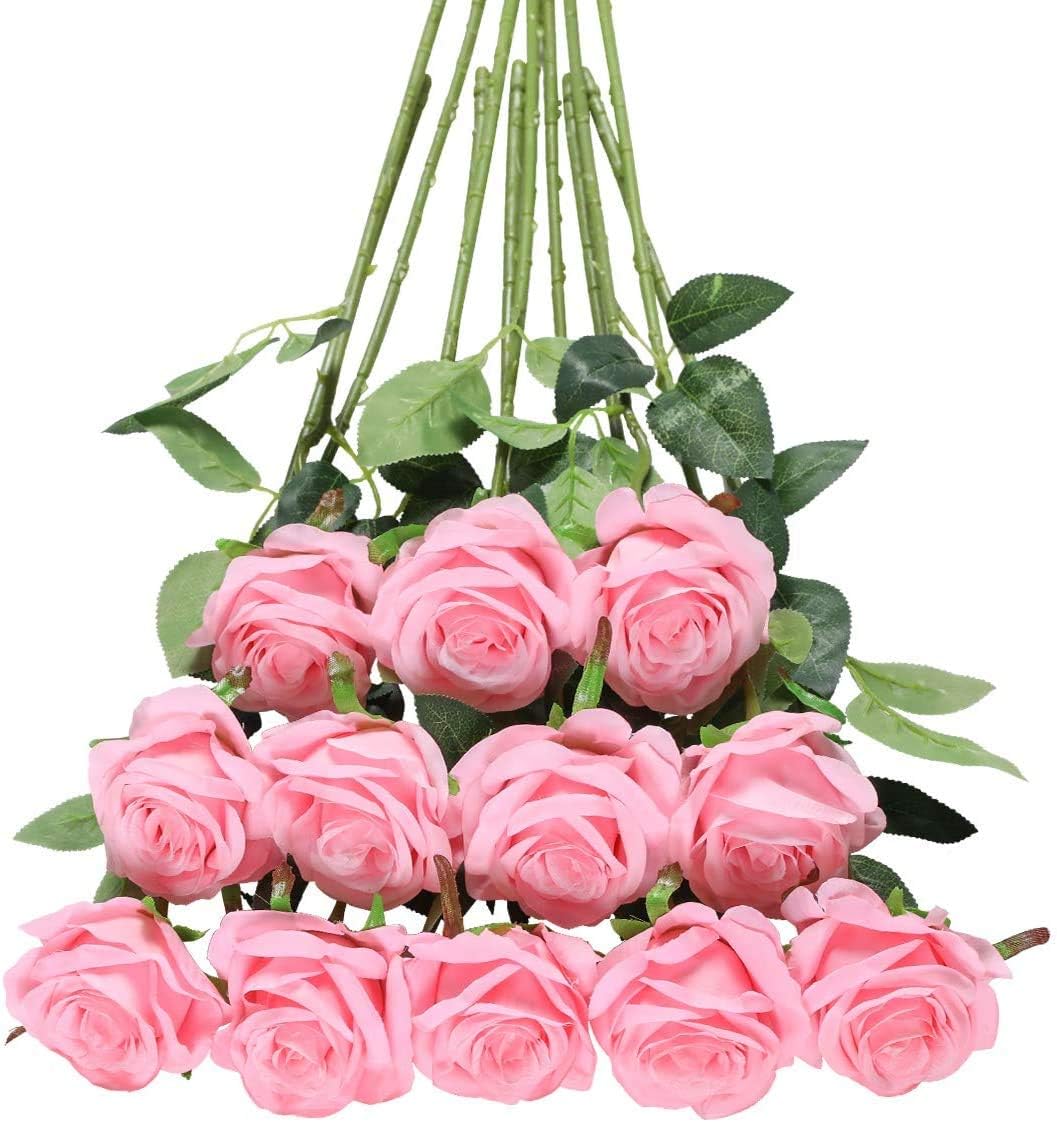 Tifuly Pink Roses Artificial Flowers - 12 pcs Realistic Single Long Stem Fake Silk Roses Bouquet for Party Home Wedding Centerpiece Office DIY Decor