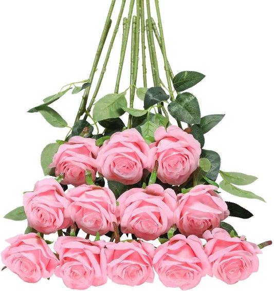 Tifuly Pink Roses Artificial Flowers - 12 pcs Realistic Single Long Stem Fake Silk Roses Bouquet for Party Home Wedding Centerpiece Office DIY Decor