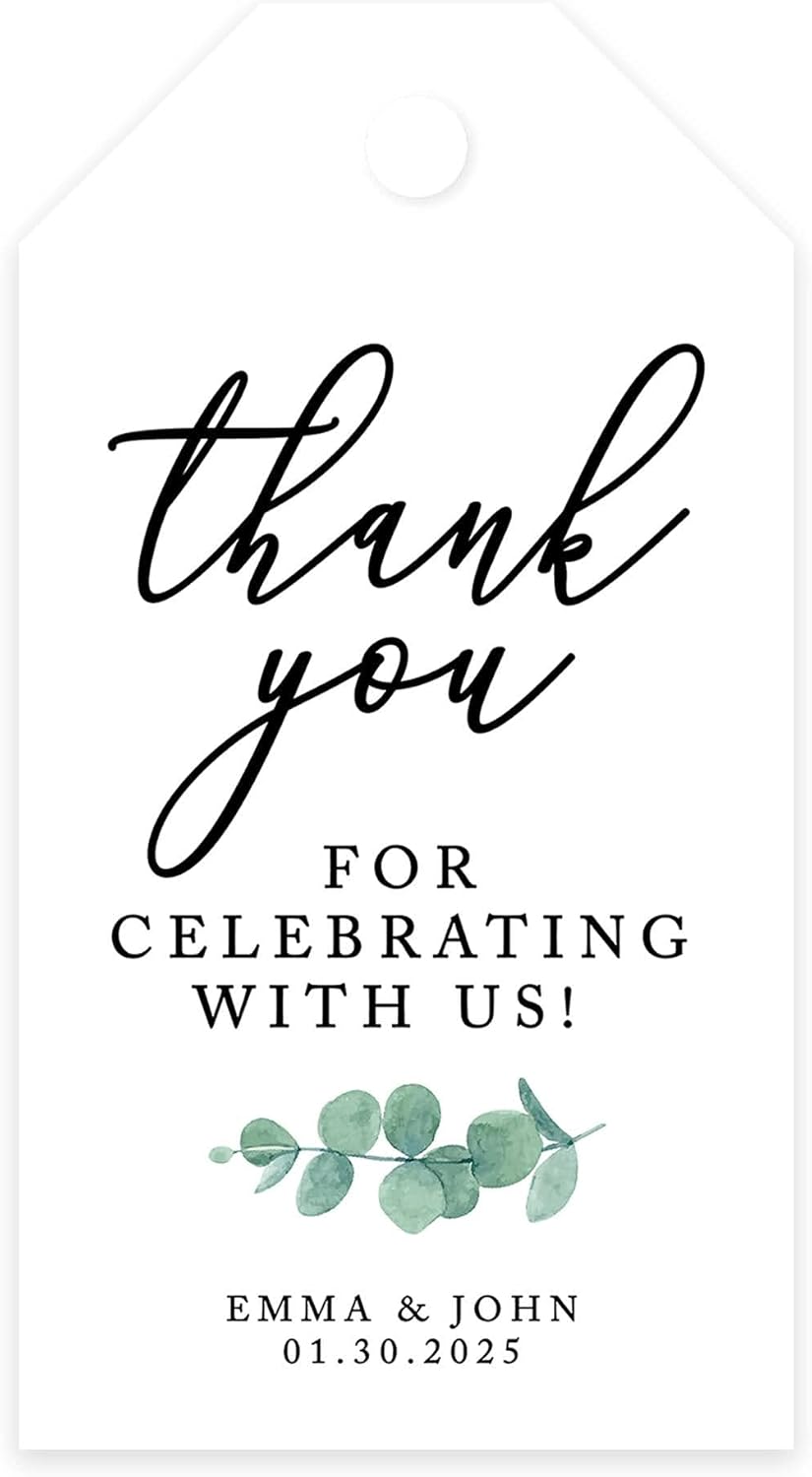 Andaz Press 100-Pack Personalized Thank You for Celebrating with Us Wedding Favor Tags with Bakers Twine Minimal Eucalyptus Leaf Custom Cardstock Wedding Gift Tags for Party Favors 2 x 3.75-Inches