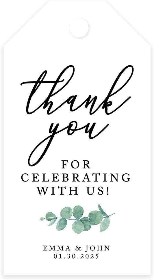 Andaz Press 100-Pack Personalized Thank You for Celebrating with Us Wedding Favor Tags with Bakers Twine Minimal Eucalyptus Leaf Custom Cardstock Wedding Gift Tags for Party Favors 2 x 3.75-Inches