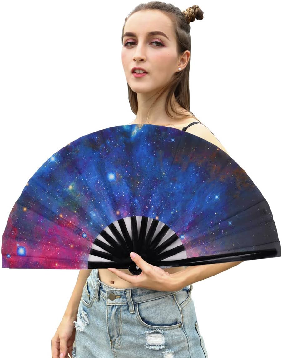 Amajiji Large Folding Hand Rave Fan Popping Fan for Line Dancing Clacking Fans for Boots On The Ground Dance,Party,Decoration,Festival (Starry sky)