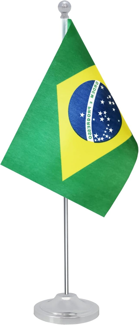 Brazil Desk Flag, Brazilian Table Office Flag with Metal Pole and Stand Base, International Country Flags, Festival Event Celebration, Classroom Meeting Desktop Decor (Brazil)