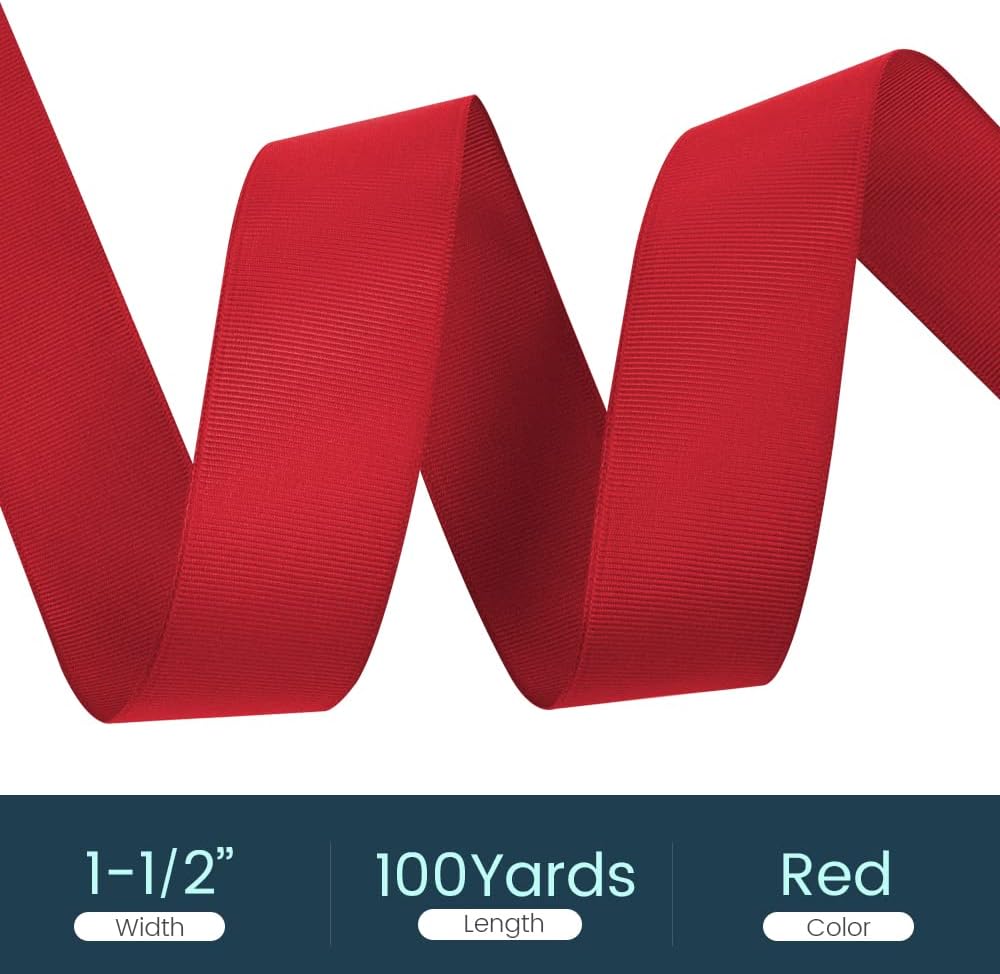 1-1/2" X 100 Yards Red Grosgrain Ribbon, Premium Grosgrain Ribbon for Sewing, Gift Wrapping, Bow Making, Wedding Decor, Wrapping and More (Red)