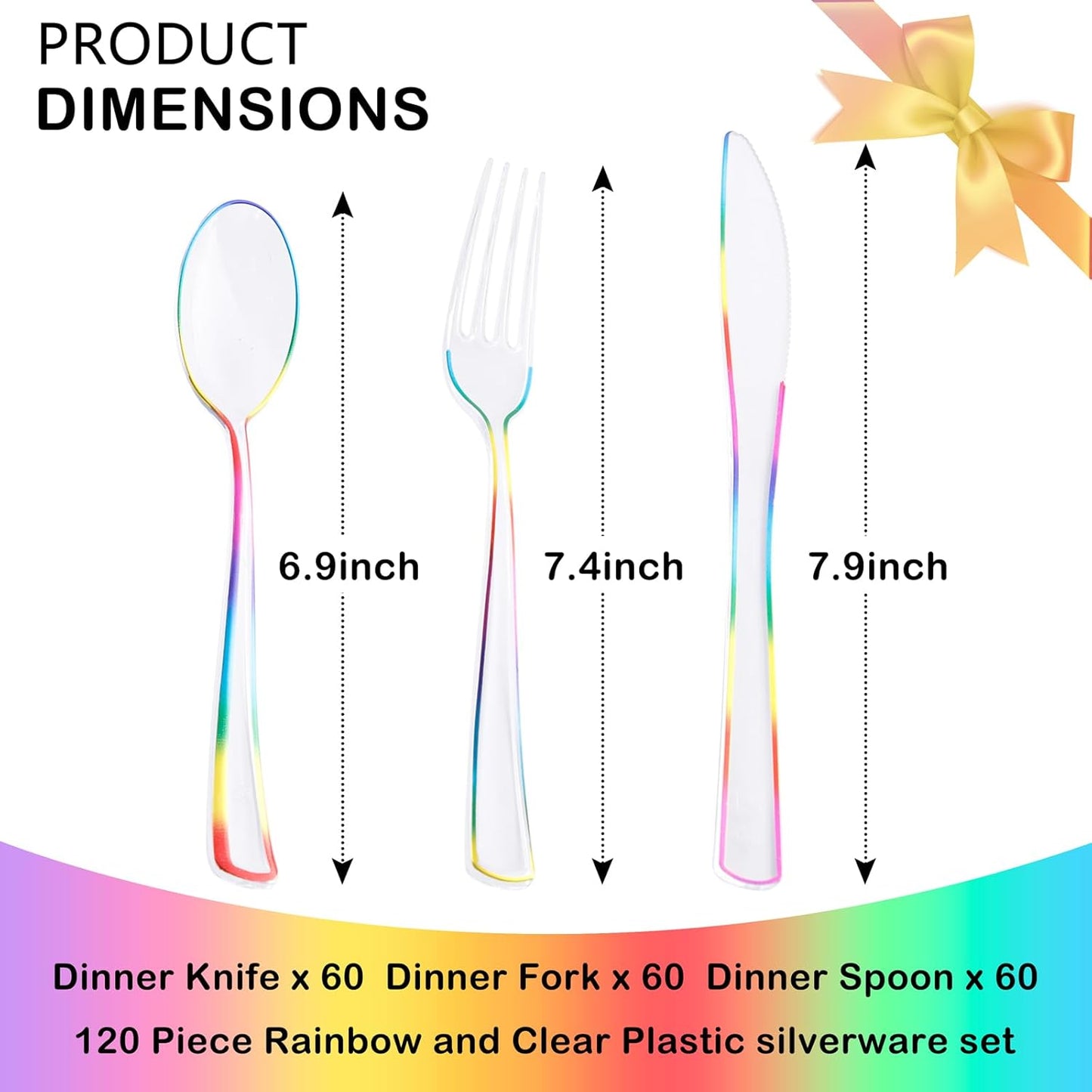 Supernal 120 PCS Clear Plastic Silverware Heavy Duty - Disposable Utensils Rainbow Colorful Silverware Set Include 40 Forks, 40 Knives and 40 Spoons for Trolls/Birthday Party, Baby Shower Decorations