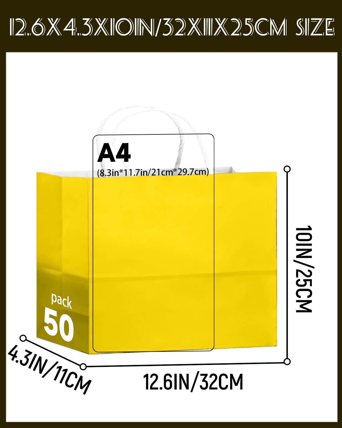 qiqee 50-Packs Bright Yellow Paper Gift Bags with Handles Bulk 12.6"x4.3"x10" Wide Large Size Party Favor Bags Multiple Uses