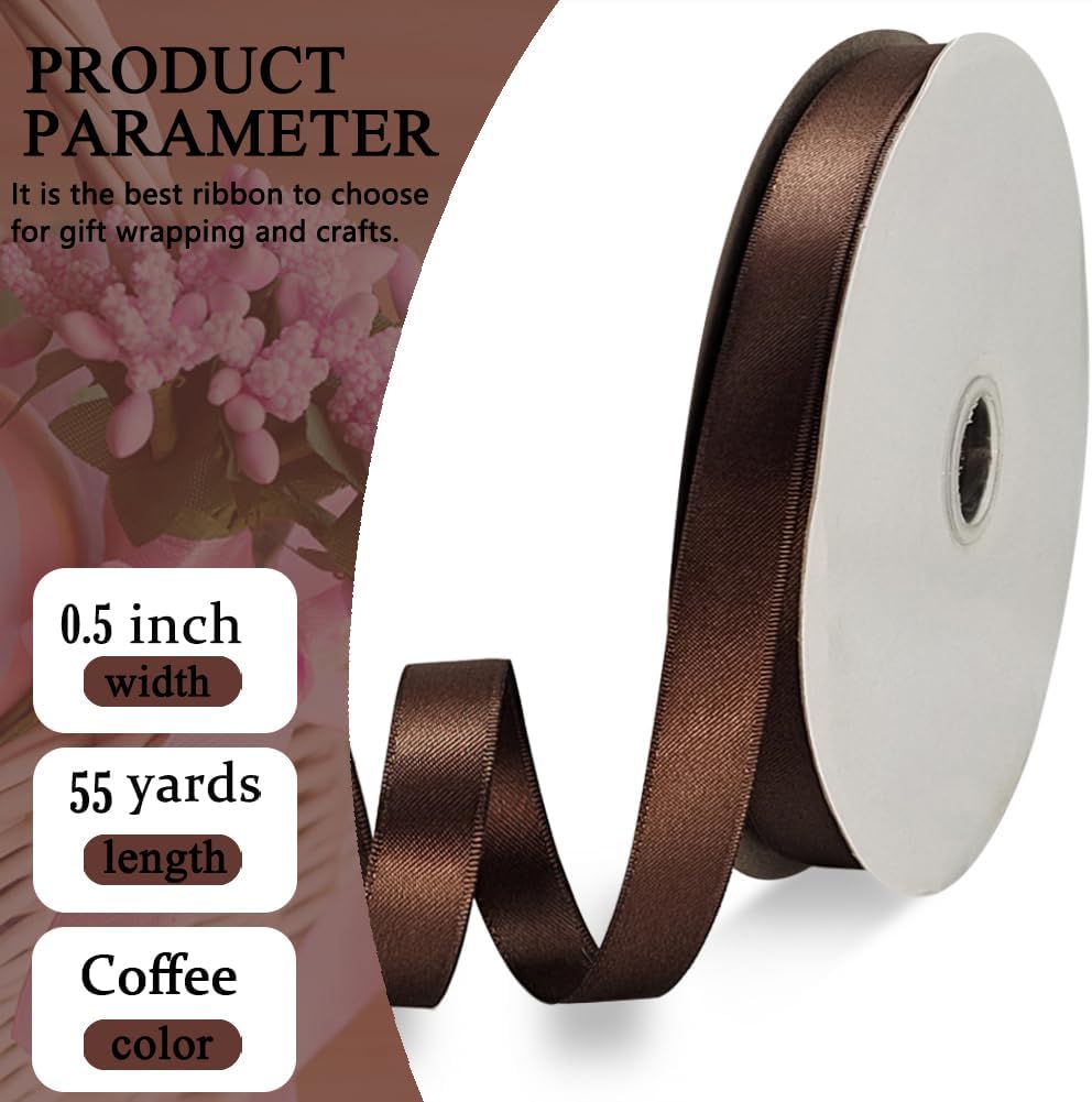 Coffee Satin Ribbon Double Faced Satin 1/2 inch x 55 Yards Polyester Ribbon for Gift Wrapping Crafts Wedding Decoration Bows Ornaments Party Bouquet Floral Arrangement