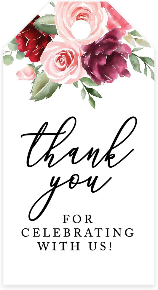 Andaz Press 100-Pack Thank You for Celebrating with Us Favor Tags Pink Burgundy Florals Cardstock Gift Tags with Bakers Twine for Wedding Baby Shower Bridal Shower Party Favors 2 x 3.75-Inches