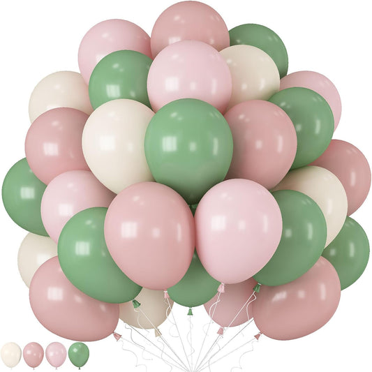 Sage Green Pink Balloons, 60 Pcs 12 Inch Retro Dusty Pink Olive Green Balloons, Blush Sand White Balloon for Girl Baby Shower Boho Wedding Bride Shower Birthday Baby in Bloom Party Decoration Supplies